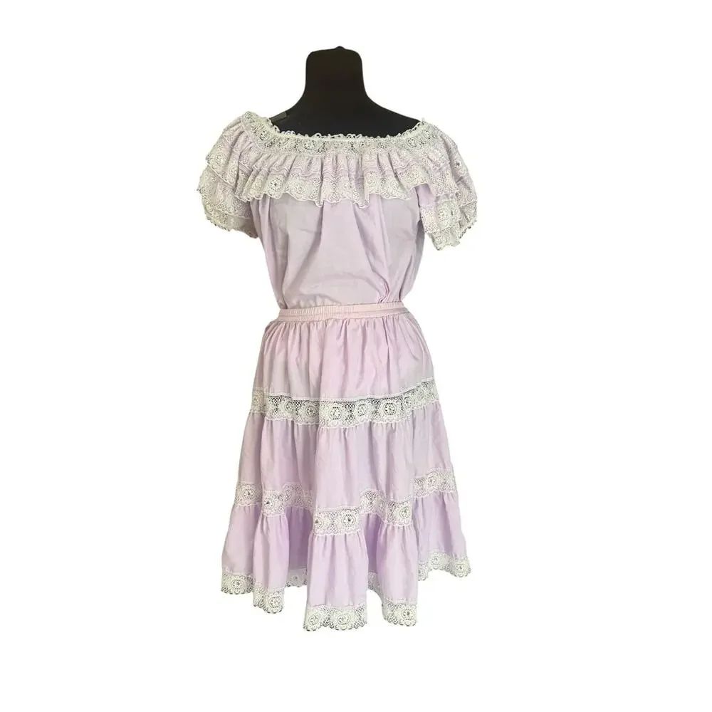Vintage Square Up Fashions Prairie Skirt Set USA Cottagecore Western Lace Size L